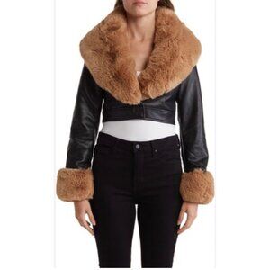 AZALEA WANG Faux Fur Collar Faux Black  and Brown Leather Jacket Small